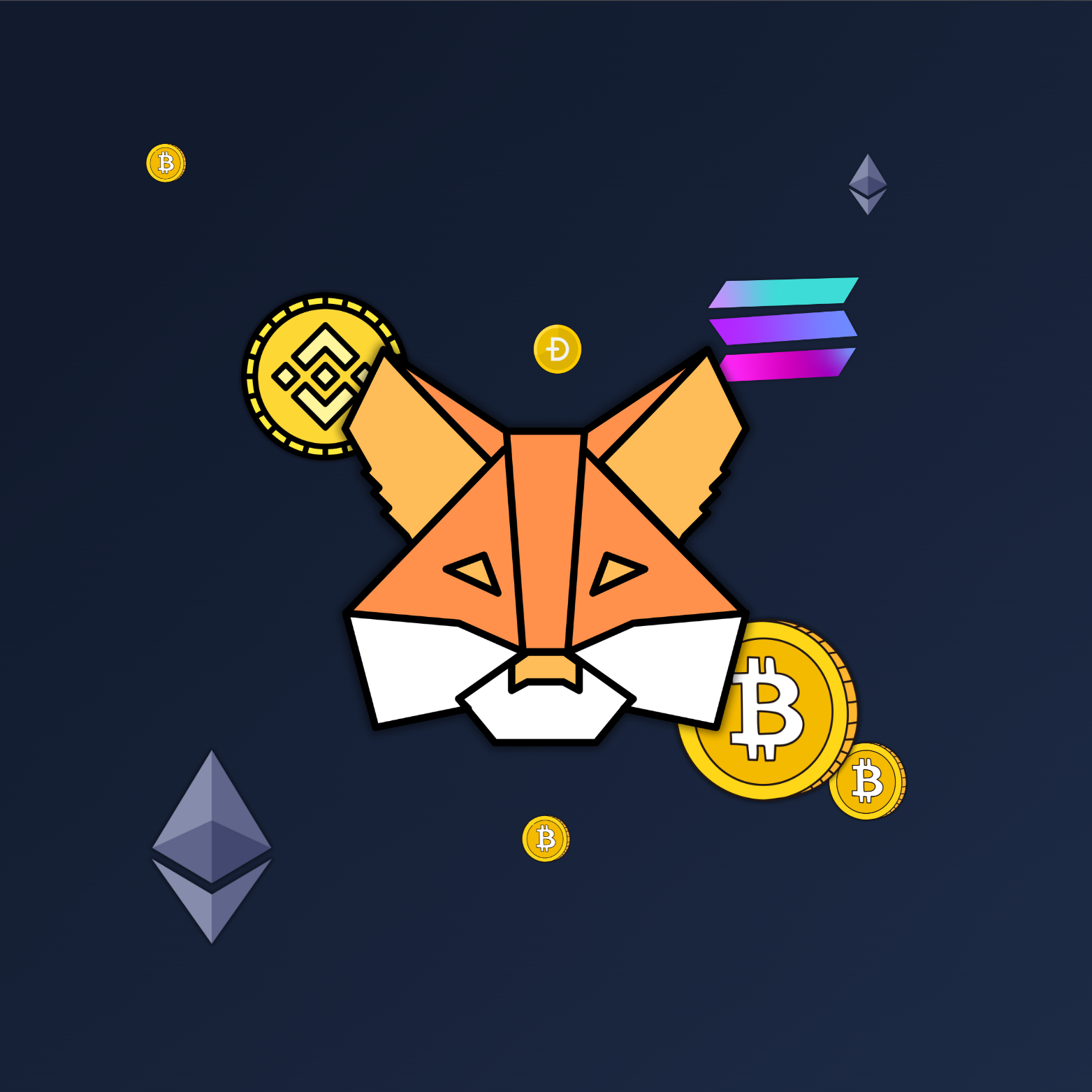 fox icon on foreground with crypto coins logos in the background